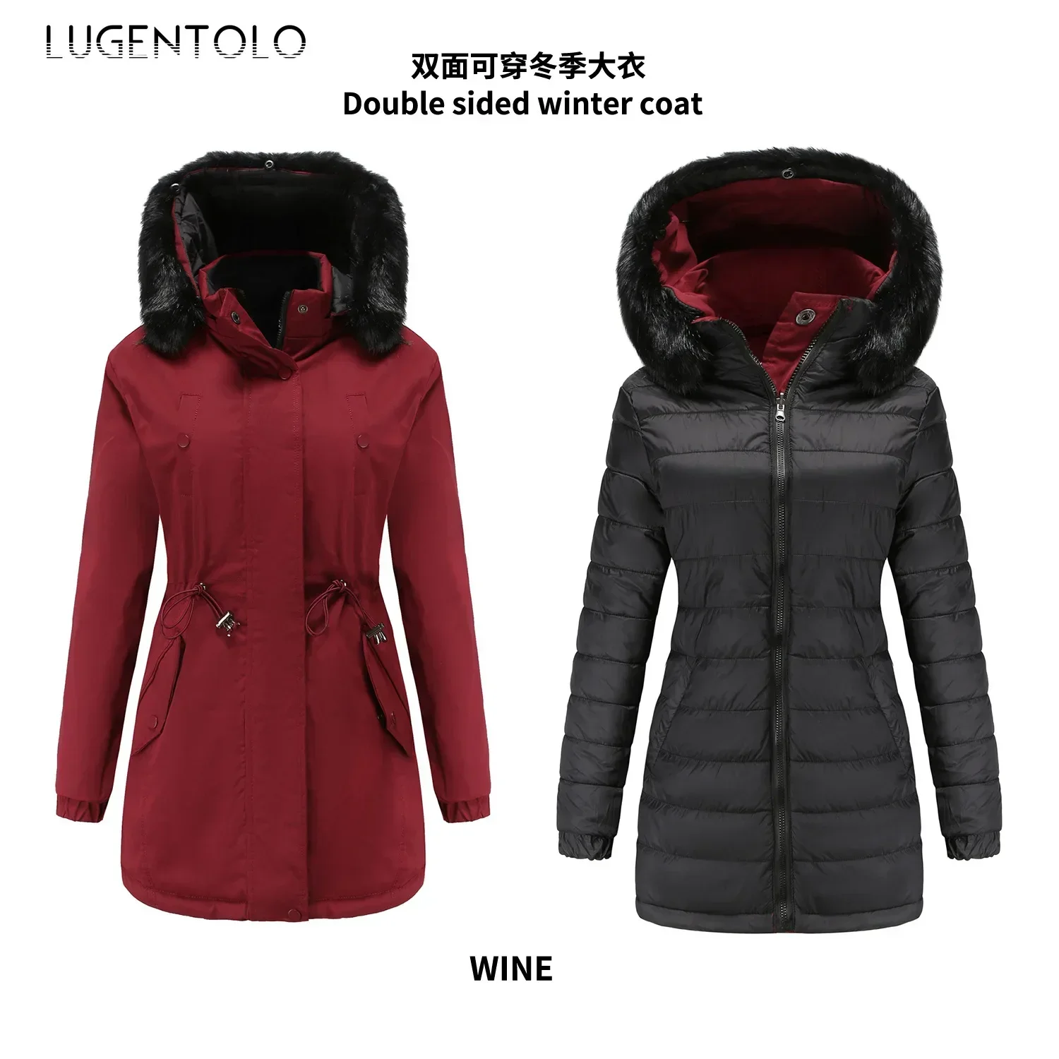 Women Hooded Parka Zipper Autumn Winter Puffer Jacket Double-sided Detachable Fur Collar Casual Straight Parkas Available 5XL