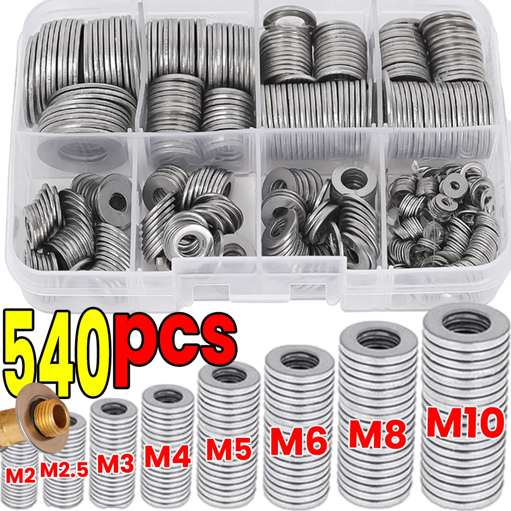540/180 Stück Edelstahl-Unterlegscheiben-Sortimentskits M2 ~ M10 Metallschraube, flache Unterlegscheiben, Ringe, einfache Dichtungen, Befestigungselemente für Schrauben, Bolzen