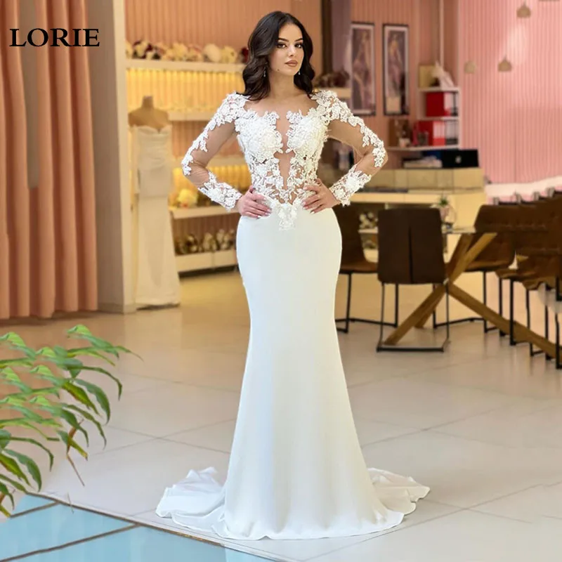 LORIE Satin Mermaid Wedding Dress 3D Flowers Long Sleeve Bridal Dresses vestidos de novia Vintage Lace Wedding Gowns  Customize