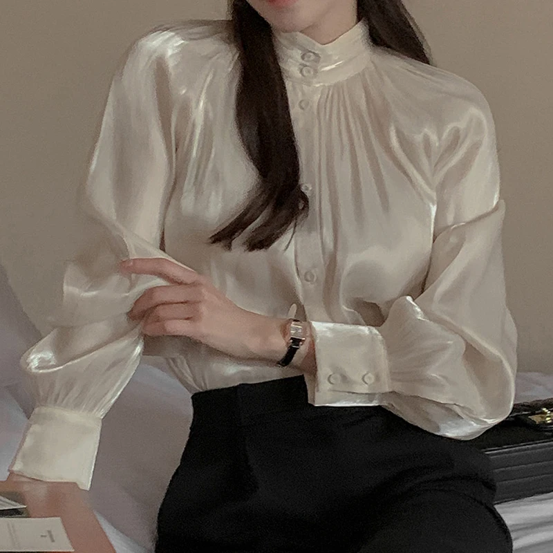 

Chic Spring Loose Fit Long Sve irt Women's High Gloss Stand Collar Single Button Versatile Faion Korean Sle Bubble S...