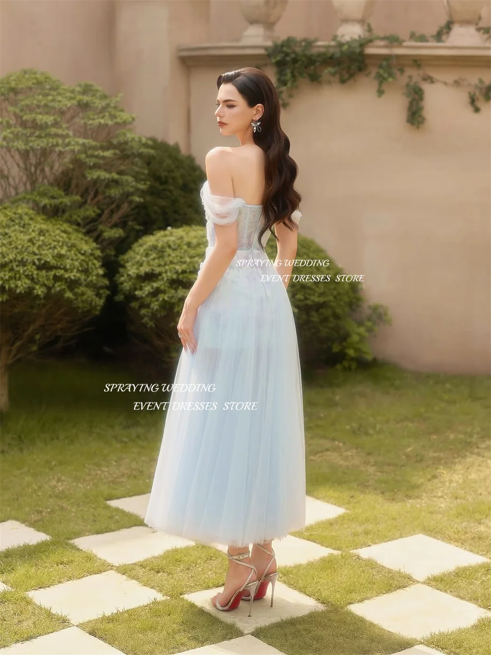 SPRAYING luxe Tulle dentelle robe de soirée bleu bretelles robe de soirée formelle une ligne cheville longueur dubaï arabe robe de bal personnalisé