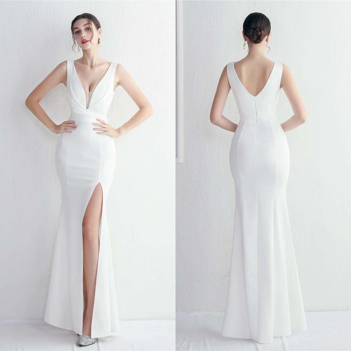 

Evening Dresses White Stretchy Deep V-neck Pleat Zipper Back Mermaid Trumpet Floor Length Slit Women Party Formal Gowns YE057