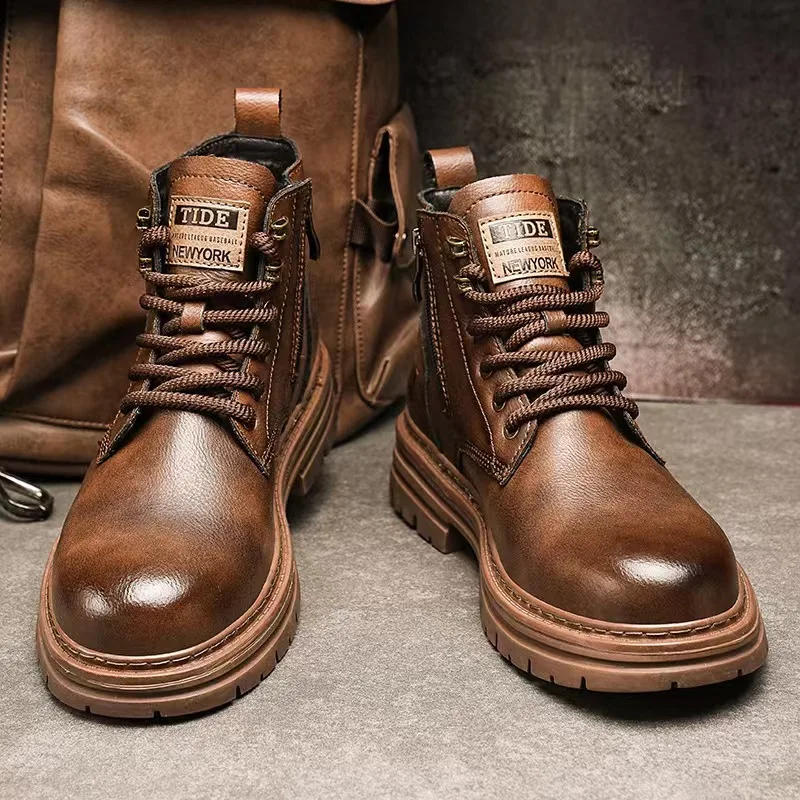 High Top Boots for Men Fashion Leather Casual Men's Shoes Outdoor Motorcycle Retro Style Boots Lace Up Cowboy Boots Botas Hombre