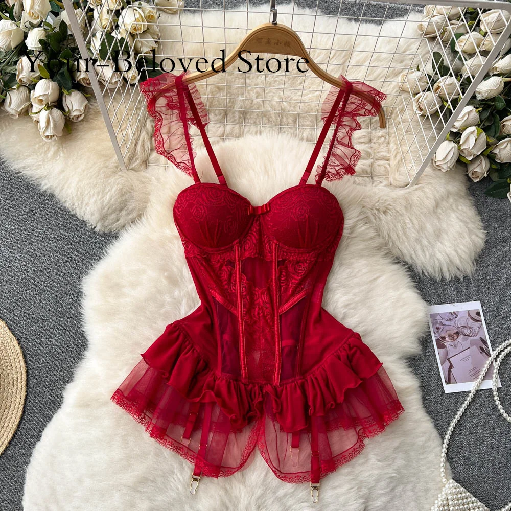 Lace Fashion Push Up Lingerie Slim Erotic Lrregular 2 Piece Pajamas Suits Women Mesh Sexy Lingerie Pornographic Nightwear