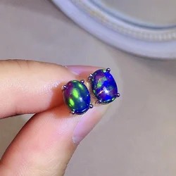 6mm*8mm Black Opal Stud Earrings Simple 18K Gold Plating Opal Silver Earrings 925 Silver Natural Opal Jewelry