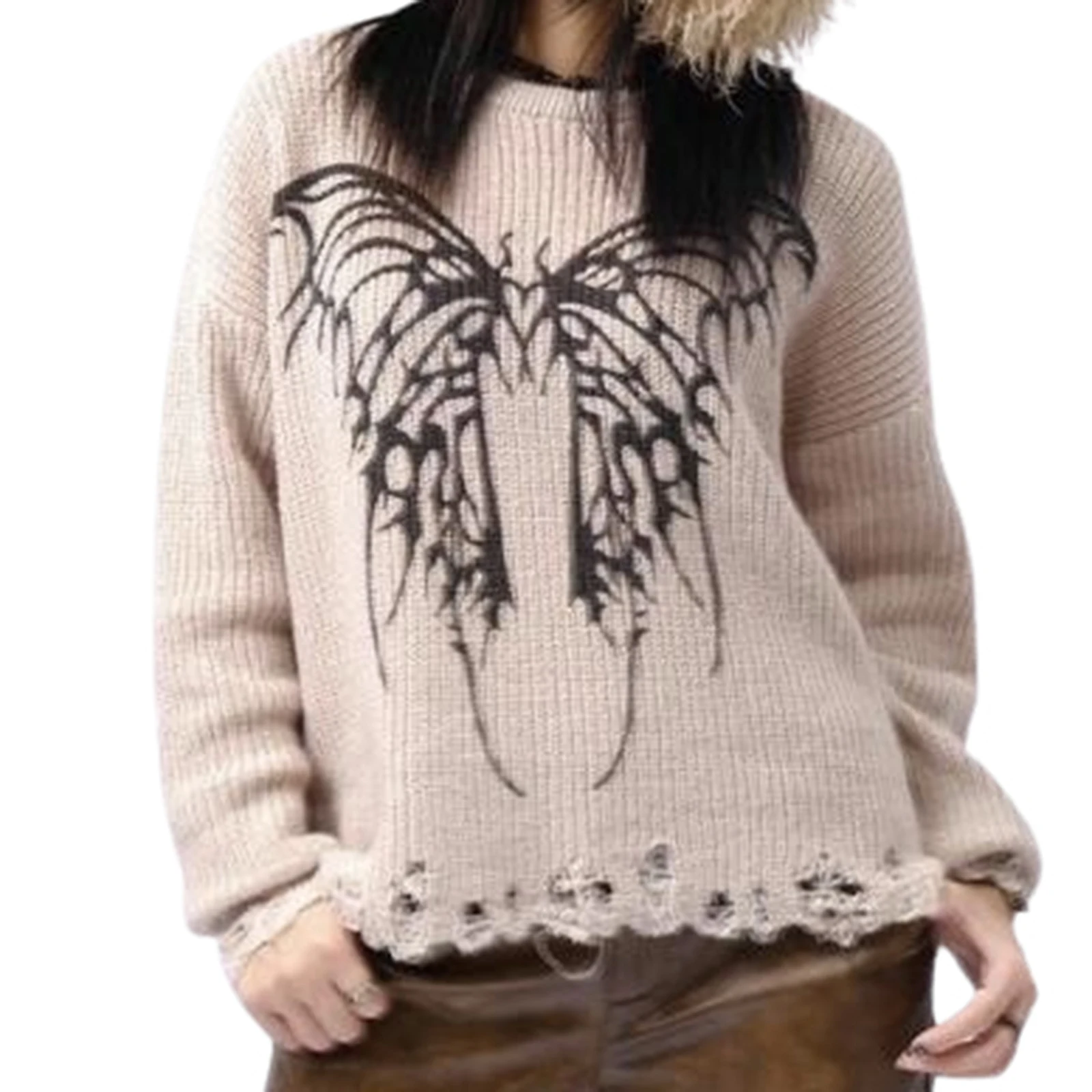 Women Knit Sweater Long Sleeve Crew Neck Butterfly Pullover Warm Sweater for Fall Winter