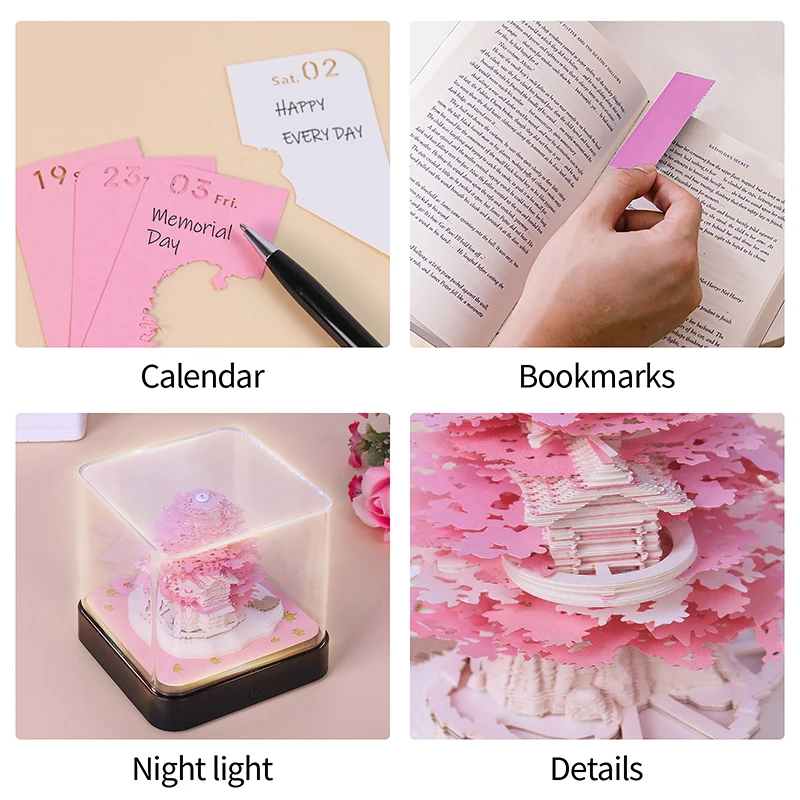 Time Piece Calendar 2026 Desk Calendar With LED Light 3D Tear-away Calendar Paper Carving Art Memo Pad Notepad Gift Christmas