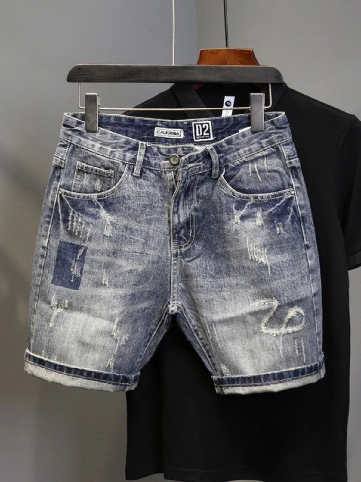 

Мужские модные летние тонкие джинсовые шорты с рваными элементами в корейском стиле, облегающие, длиной до колена, прямого кроя