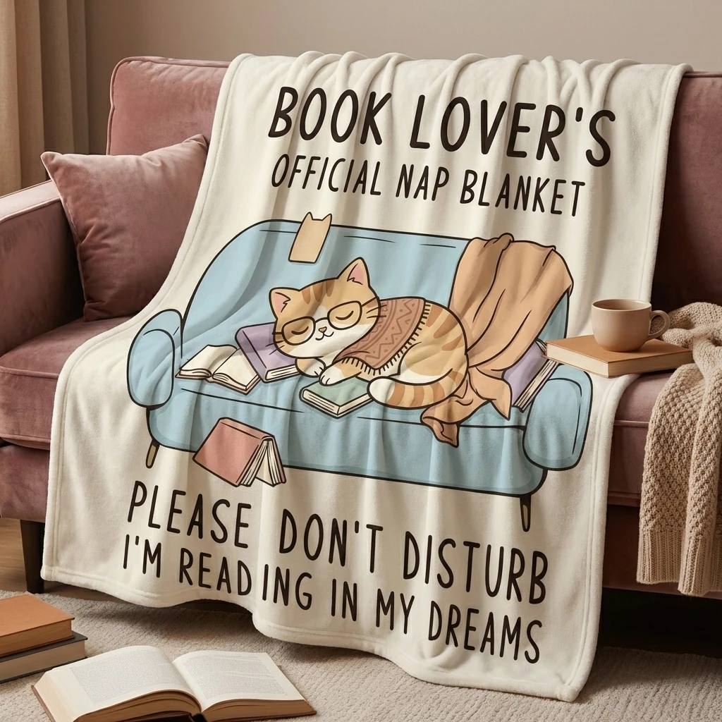 Funny Book Lover's Official Nap Blanket Flannel Throw, Cute Reading Cat Print for Bookworms & Cat Lovers