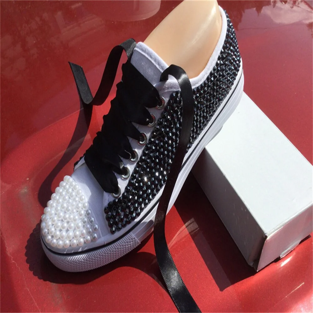 White low top black rhinestone pearl accessories customized style canvas shoes integrated sports casual shoes women\'s shoes35-46