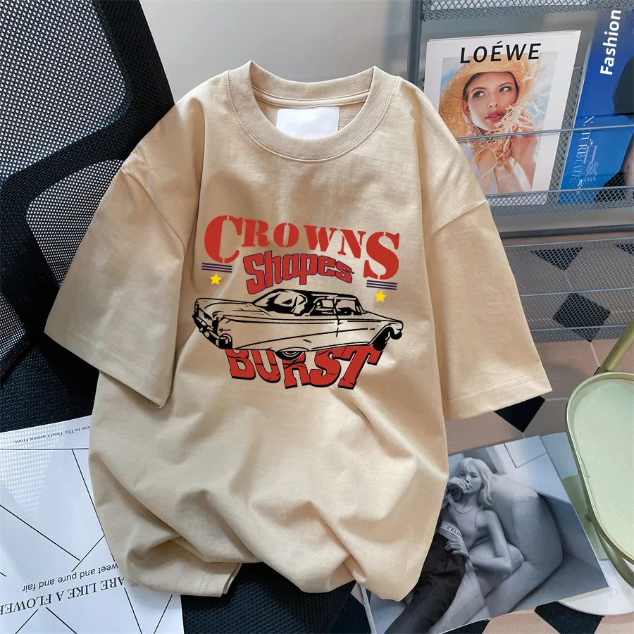 

Retro American Street Car ort Sve T-irt ex Casual Loose Fit Cotton round Ne Print No Iron Treaent Summer Fai...