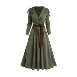 Long Sleeve Cinched Ruched Mini Dress With Belt For Women Fall Daily Party Solid Color High Waist V Neck Vestido Feminino