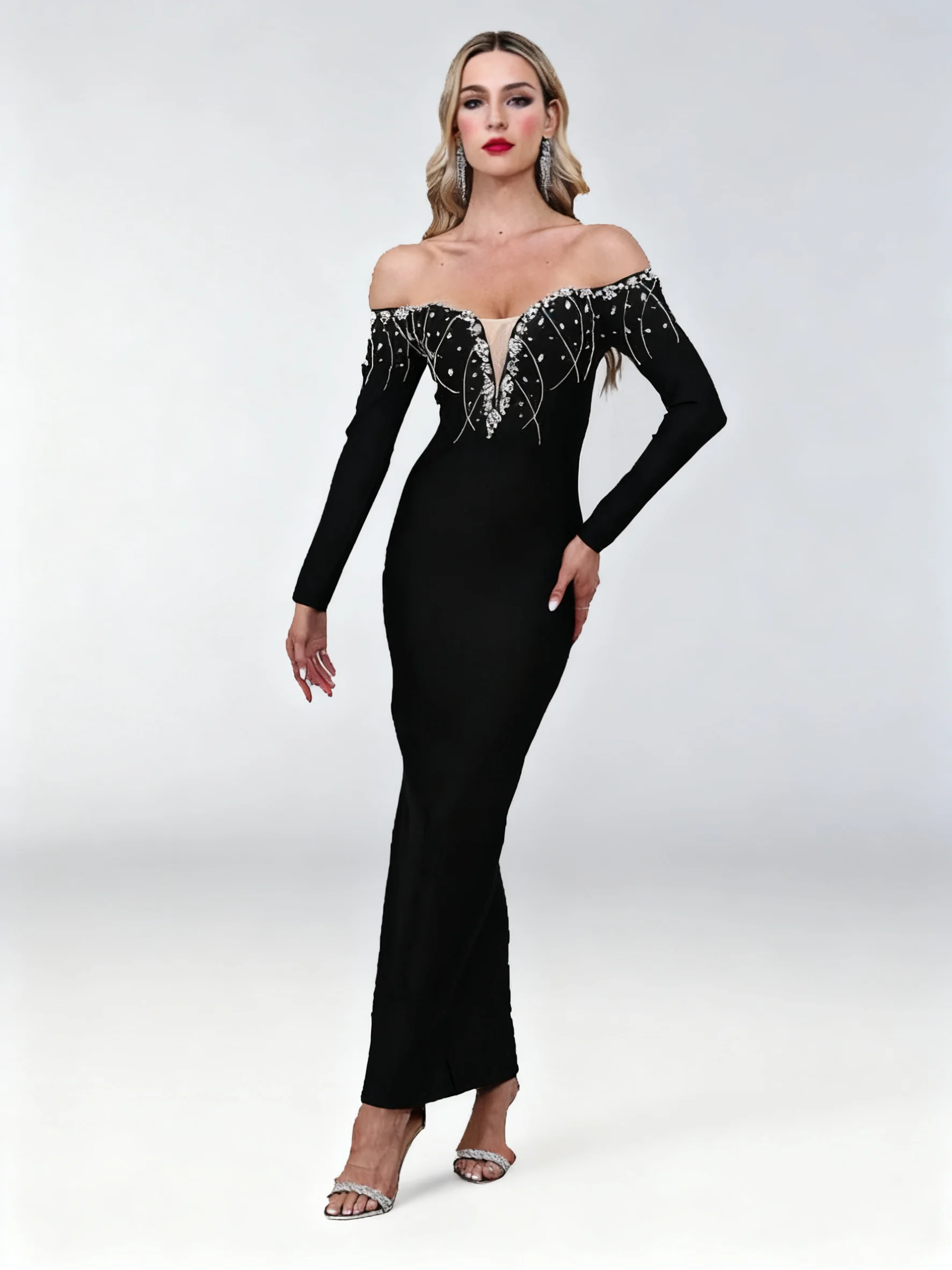 

Elegant Black Red Shoulder-Bared Elastic Band Dress Luxury Knitted with Rhinestones for Celebrity Cocktail Parties