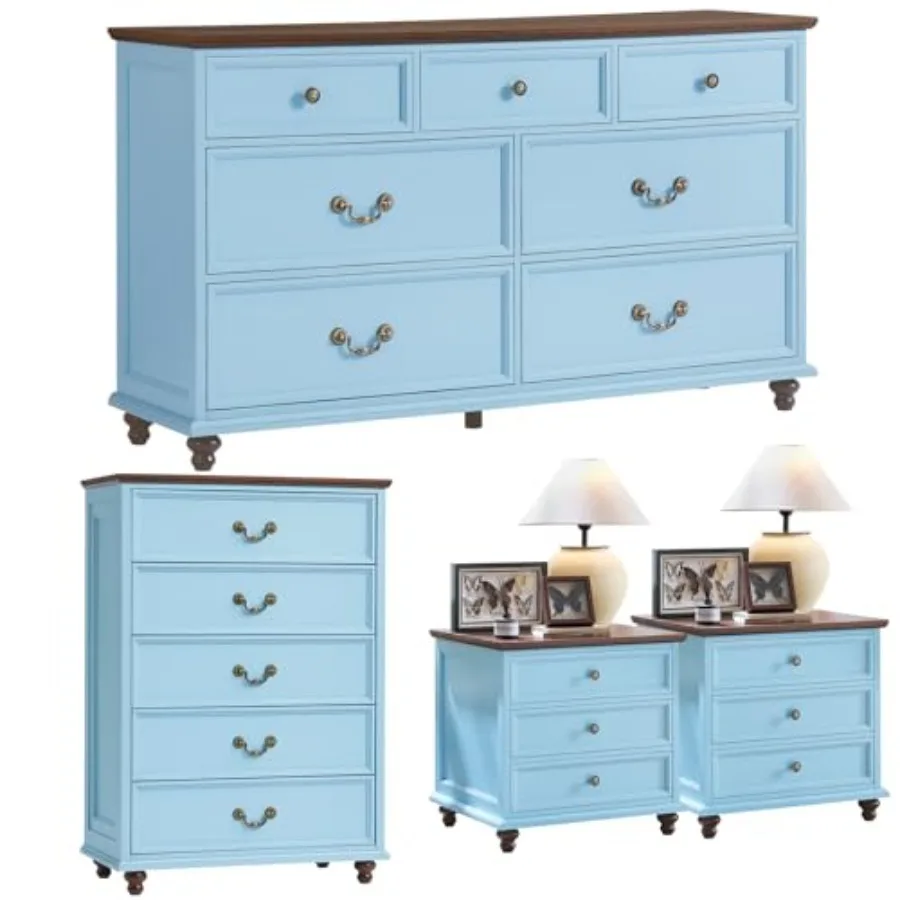

24" Wide Farmhouse Nightstand Set of 2, 54" 7 Drawers Dresser, 45" Tall Rustic Chests of 5 Drawers w/ 4 Solid Feet, Farmhouse F