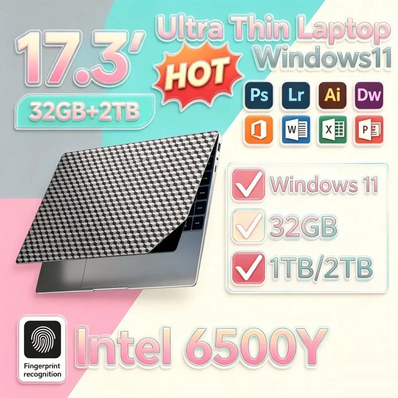 17.3" Big Screen Notebook Intel 6500Y 32GB RAM 1TB 2TB SSD Windows11 WiFi6 BT5.2 Brisk Laptop Daily Study Office Home Use