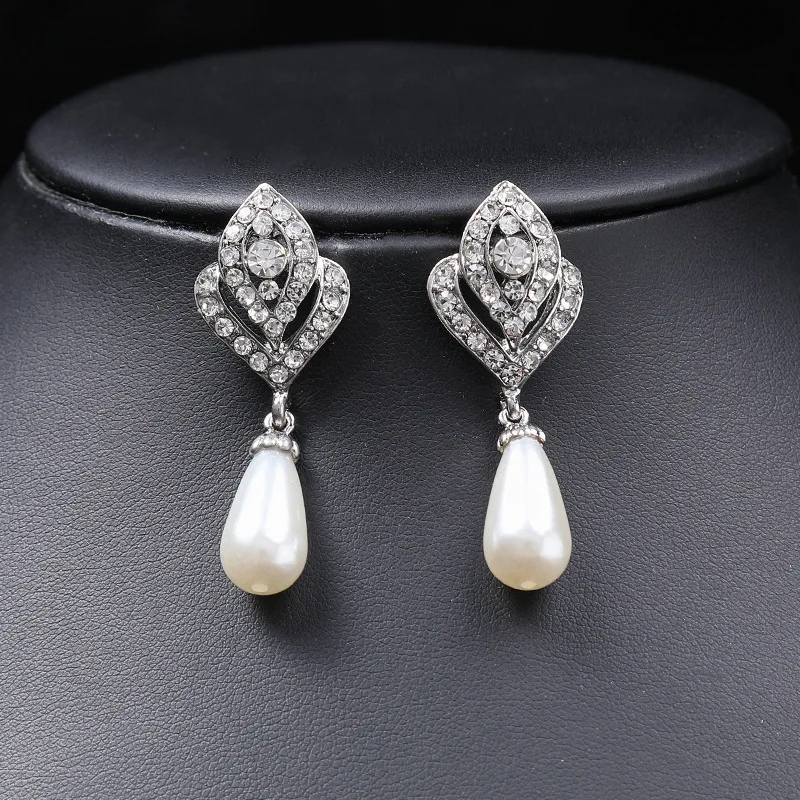 Crystal Fashion Imitation Pearl Wedding Necklace Earring Bridal For Women Elegant Rhinestone Jewelry Sets Party