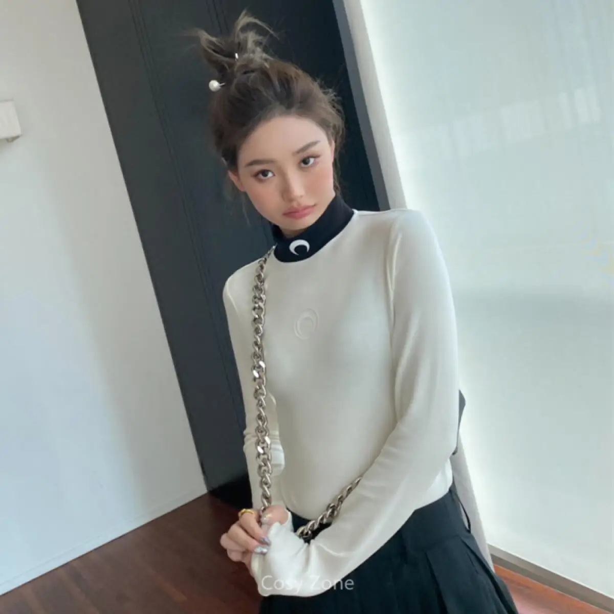 Women Color Block Half High Collar T Shirt Long Sleeve Slim Fit Base Layer Autumn Sunscreen Tops Blouse