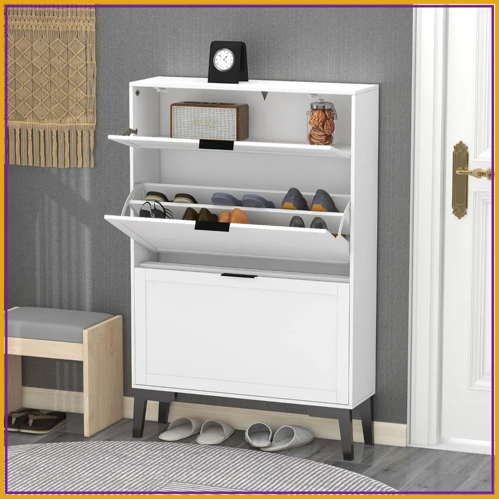 

Narrow White Shoe Cabinet, 3-Tier Entryway Shoe Storage, Freestanding Organizer for Closet, Front Door