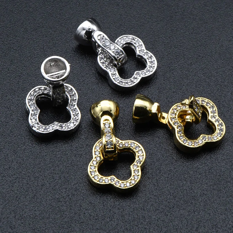 Jewelry Making Supplies High Quality Real Gold Plated Double Side CZ Paved Clover Clasp Bial Connector for DIY Necklace Pendant