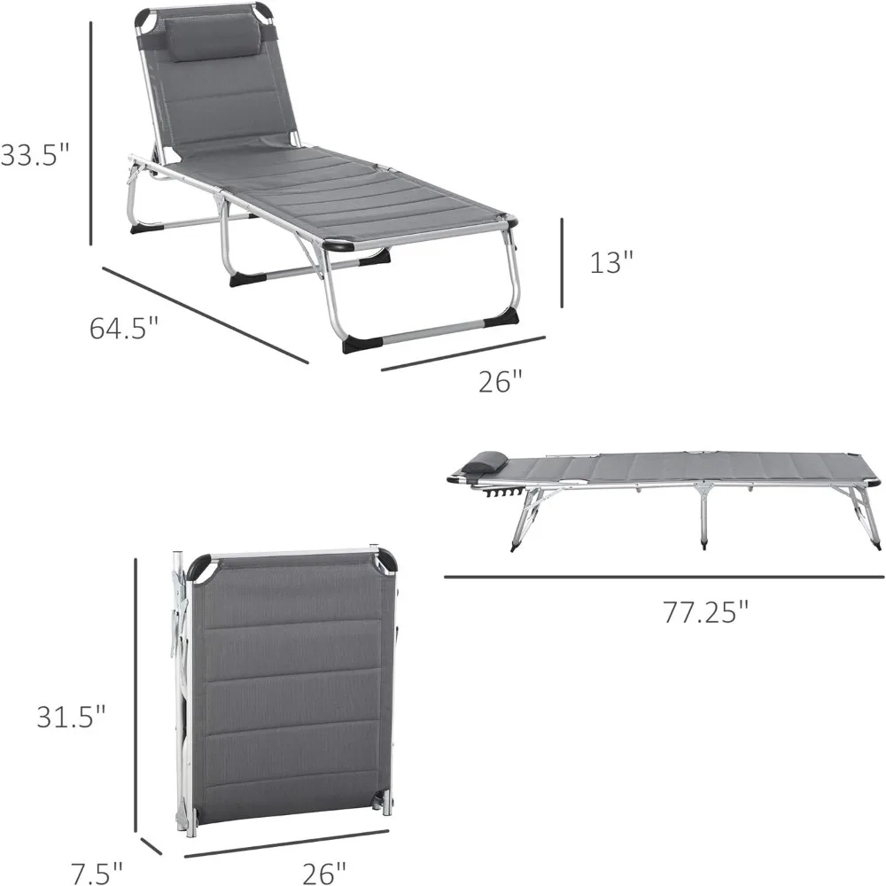 Foldable Outdoor Chaise Lounge Chair, 5-Level Reclining Camping Tanning Chair with Aluminum Frame, Padding