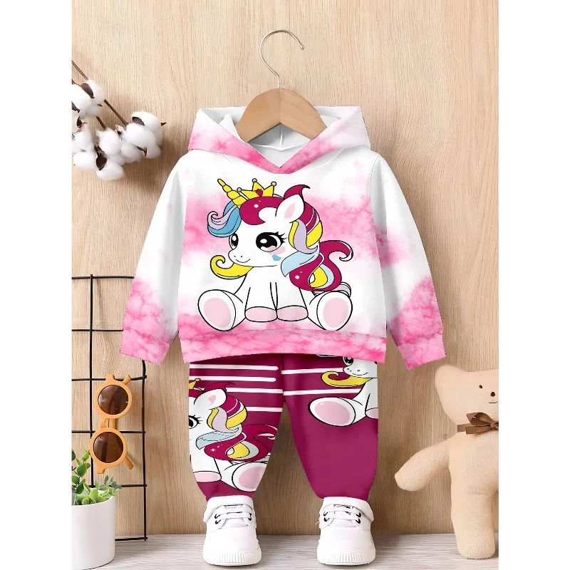 Kids Hoodie Jogger: Pink Tie-dye Crown Unicorn Print, Heart Leopard Allover Pattern, Rainbow Wing Fairy Graphic Kid Tracksuit