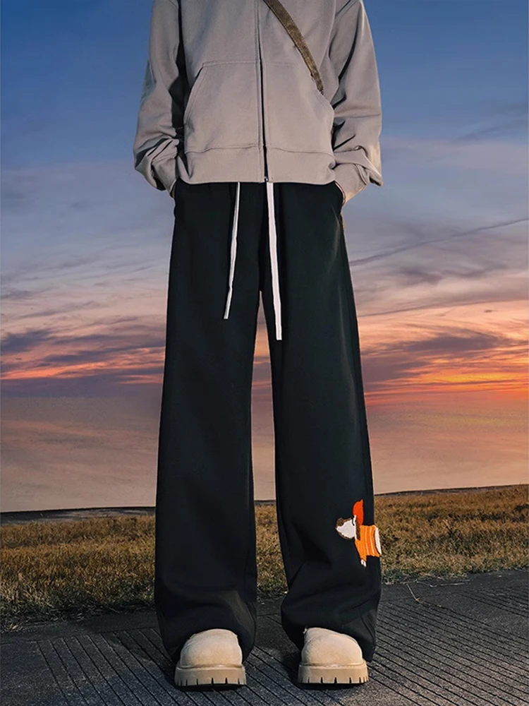 

Спортивные штаны цвета хаки с вышивкой собаки, мужские и женские осенне-зимние тяжелые драпированные повседневные прямые брюки для пар