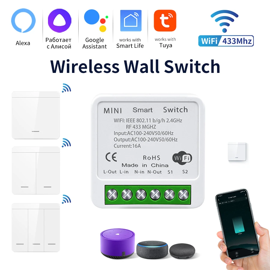 Tuya WiFi Smart Switch 16A Relay Receiver RF433Mhz 1/2/3Gang Panel Switch Intelligent Module Alexa Google Home Voice Control