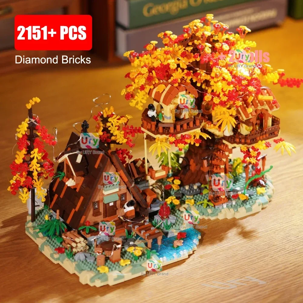 City Series Tree House A-Frame Cabin Garden Architecture With Light Autumn Maple Leaves Diamond Building Bricks Toy For Kid Gift