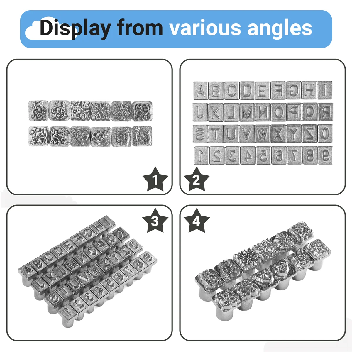 DT38 50 Pieces Letters and Numbers Stamp Set 6Mm Alphabet Leather Punch Stamps Metal Floral Pattern Stamp Tools with Handle