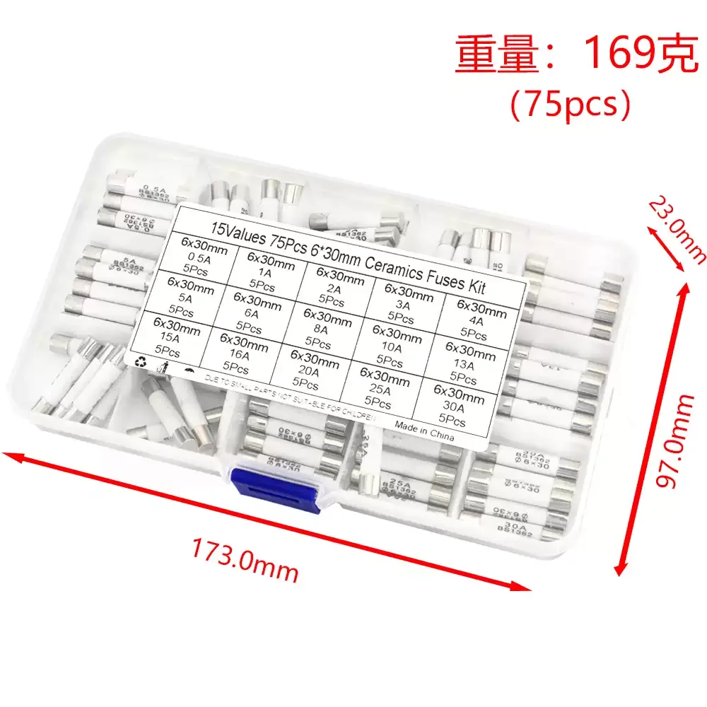 75pcs/Box 6mm x 30mm 250V Fast Blow Ceramic Fuse Assortment Kit 0.5A 1A 2A 3A 4A 5A 6A 8A 10A 13A 15A 16A 20A 25A 30A