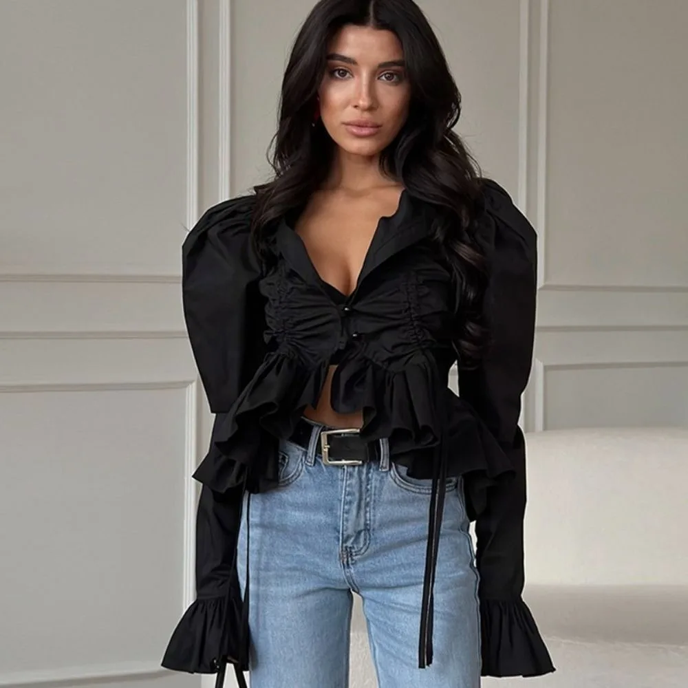 

Женская рубашка с расклешенными рукавами, однотонная, с круглым вырезом, длинными рукавами, оборками по низу и застежкой на пуговицах