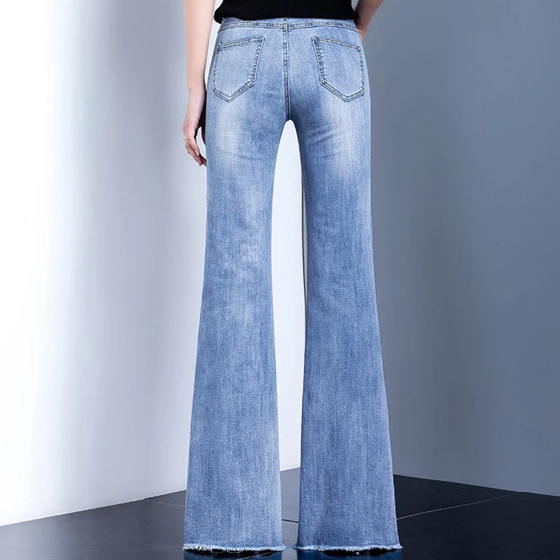 

High Waist Flare Jeans Light Blue Denim Trousers Long Pants Lady Spring Single-Breasted Side Slit Slim Jeans Women Korea Fashion