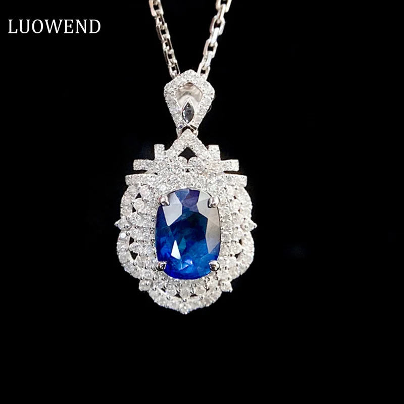 

LUOWEND 18K White Gold Necklace Luxury Design Natural Sapphire Real Diamond Shiny Gemstone Necklace for Women Anniversary Gift