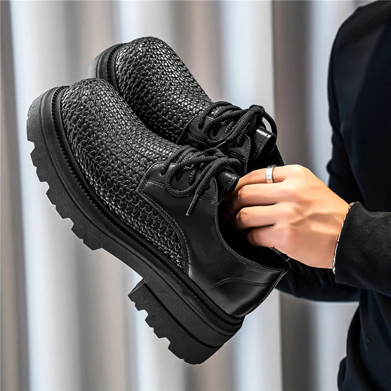 Męskie skórzane buty na lato 2025, plecione, z okrągłym noskiem, gruba podeszwa, wewnętrzne otwory wentylacyjne, podwyższające, casualowe, z oddychającej skóry bydlęcej.