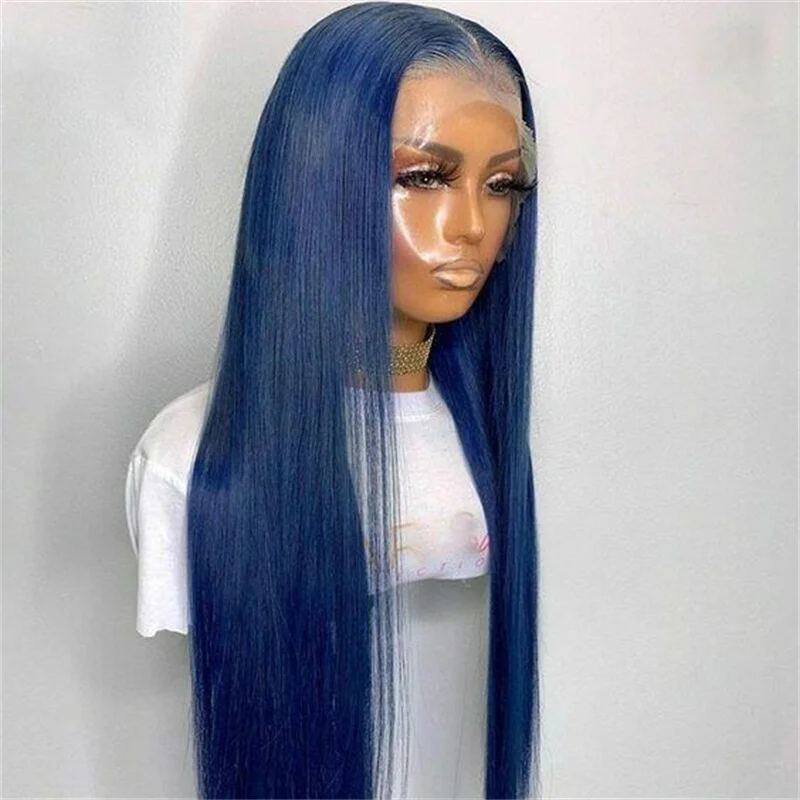 

26inch Silky Straight Daily Glueless Long Natural 180Density Blue Lace Front Wig For Women BabyHair Heat Resistant Preplucked