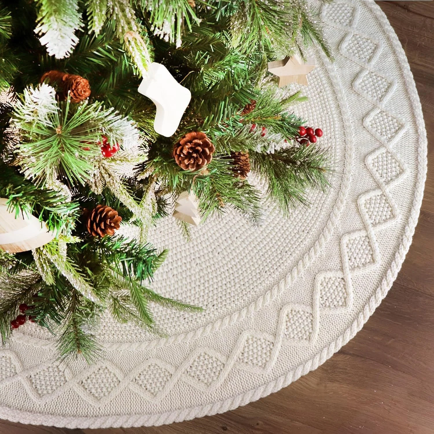 

Soft Knitted Christmas Tree Skirt Round Braided Edge Decoration Tree Bottom Cover For Holiday Party Home Gifts Ornament