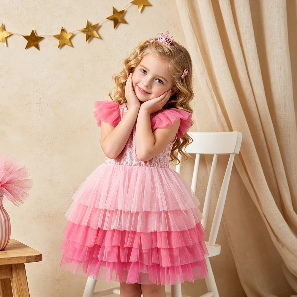 DXTON Ärmelloses Baby-Mädchenkleid, Netzstoff, gerüscht, Sommer-Partykleid für Kinder, Kleidung, Farbverlauf, mehrlagiges Netz-Prinzessinnen-Tüllkleid – Detail 2