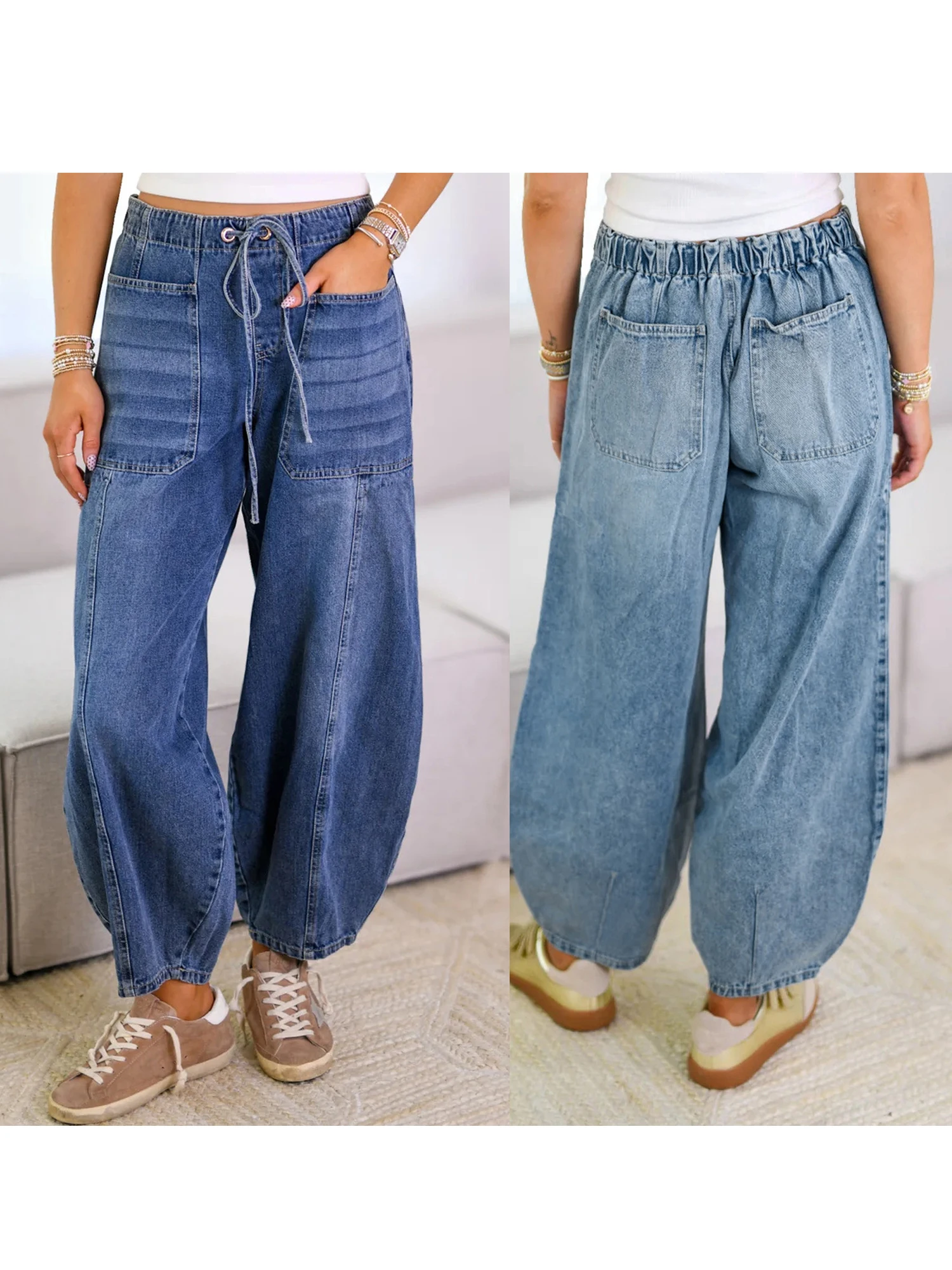 Jeans da donna Pantaloni larghi solidi allacciati in vita elastica Streetwear con tasche per tutti i giorni