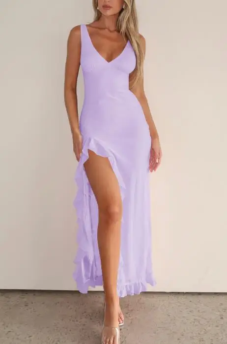 

Women's Dress 2026 Summer New V-Neck Solid Color French Elegant Ruffle Edge Splicing Waist Collection Beach Vacation Party Dress