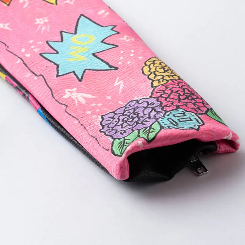 معطف جلد قصير جرافيتي أسود للنساء، سترة بسحاب للدراجات النارية، بانك روك، جودة البولي يوريثان، موضة، شتاء