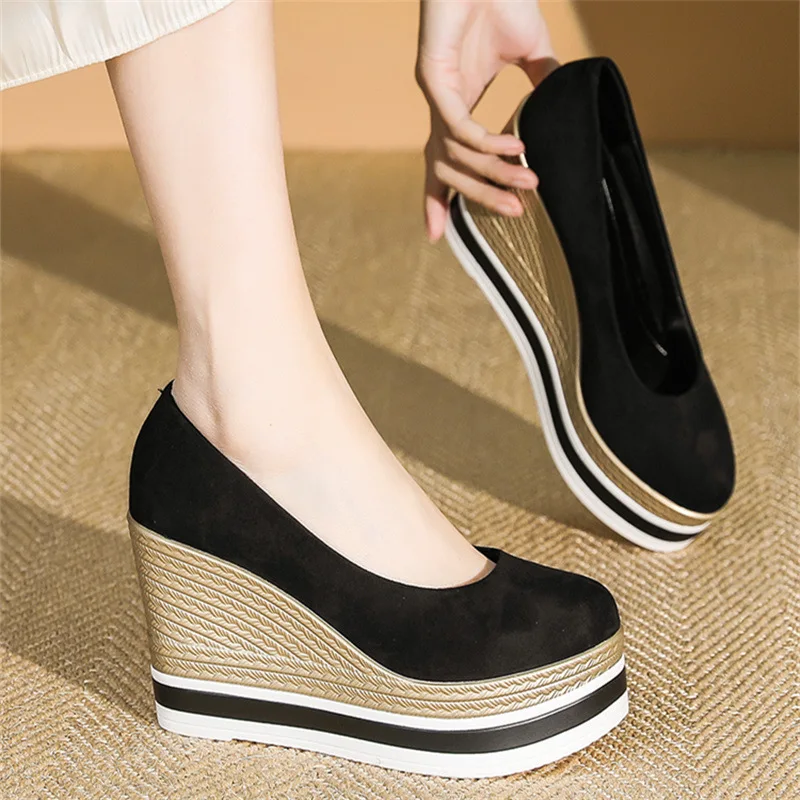 

Spring Summer Black Comfortable Thick Bottom Wedges Pumps Women Flock Shallow Top High Heels Shoes Ladies Large Size 42 Loafers