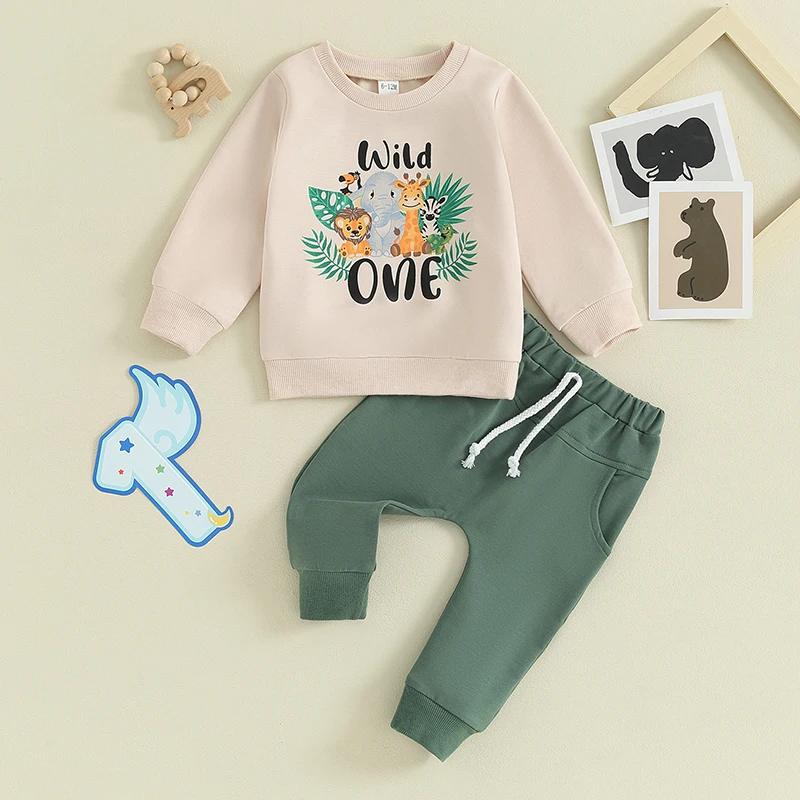 

Lioraitiin Baby Boy First Birthday Outfit Long Sleeve Crew Neck Animal Letters Print Sweatshirt with Sweatpants Infant Clothes