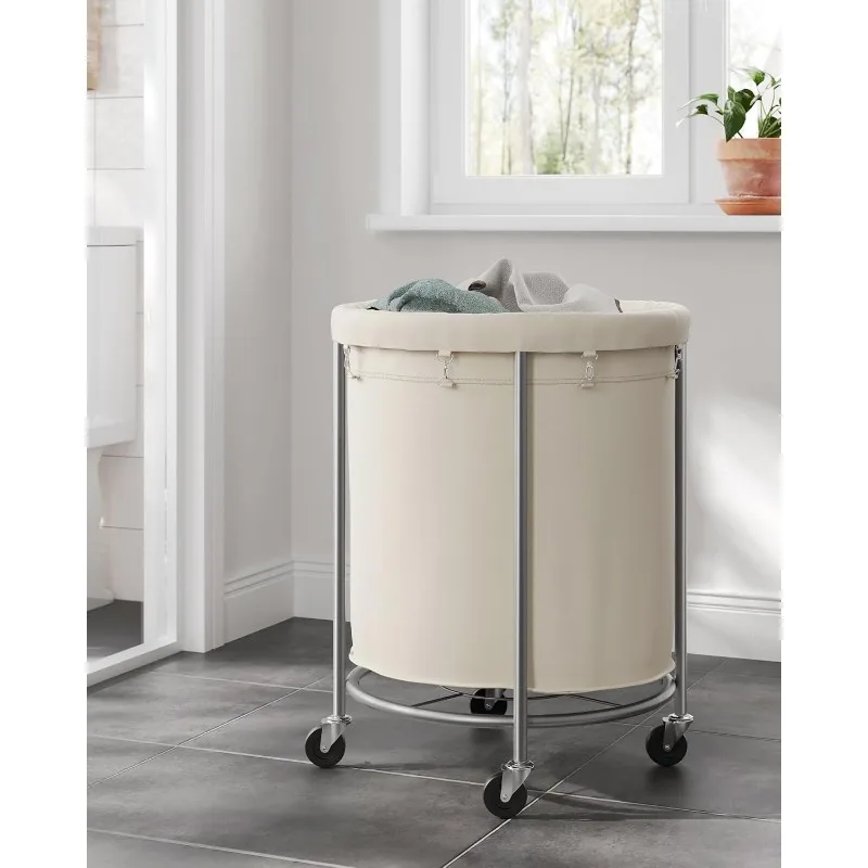 Laundry Basket w/Wheels, Rolling Laundry Hamper, 45 Gal., Round Laundry Cart w/Steel Frame, Removable Bag, 4 Casters & 2 Brakes