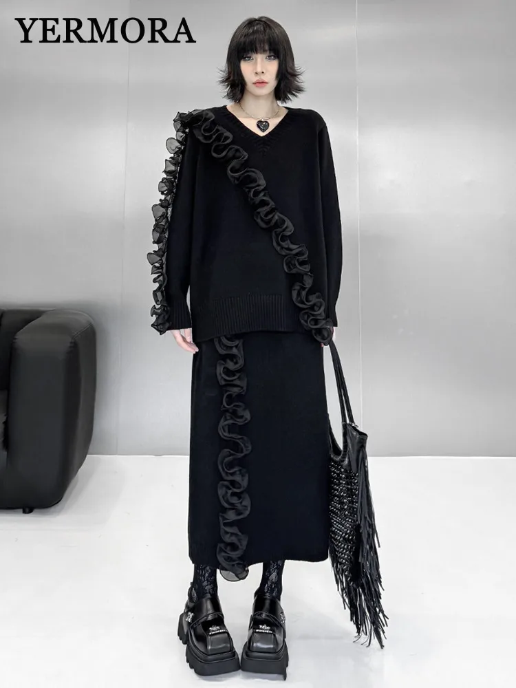 

YERMORA Women Two-piece Suit Black Spliced Ruffles Knitting Sweater O-neck High Waist Skirt Fashion Tide Spring Autumn 2025 A565