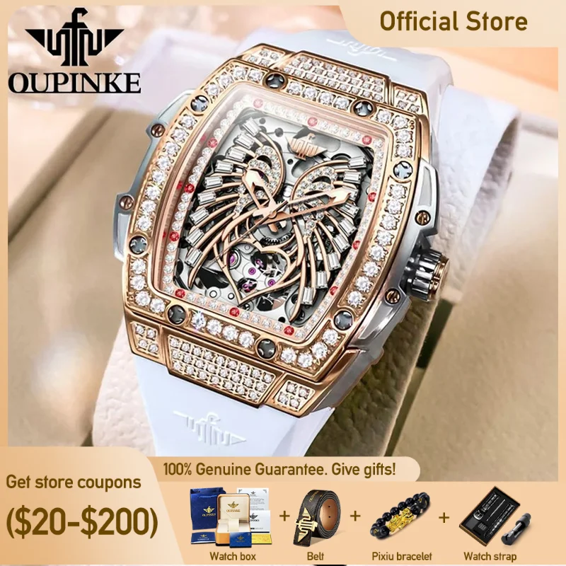 OUPINKE Women's Watches Luxury Fashion Love Diamond Dial Original Automatic Mechanical Watch for Ladies Waterproof Sapphire