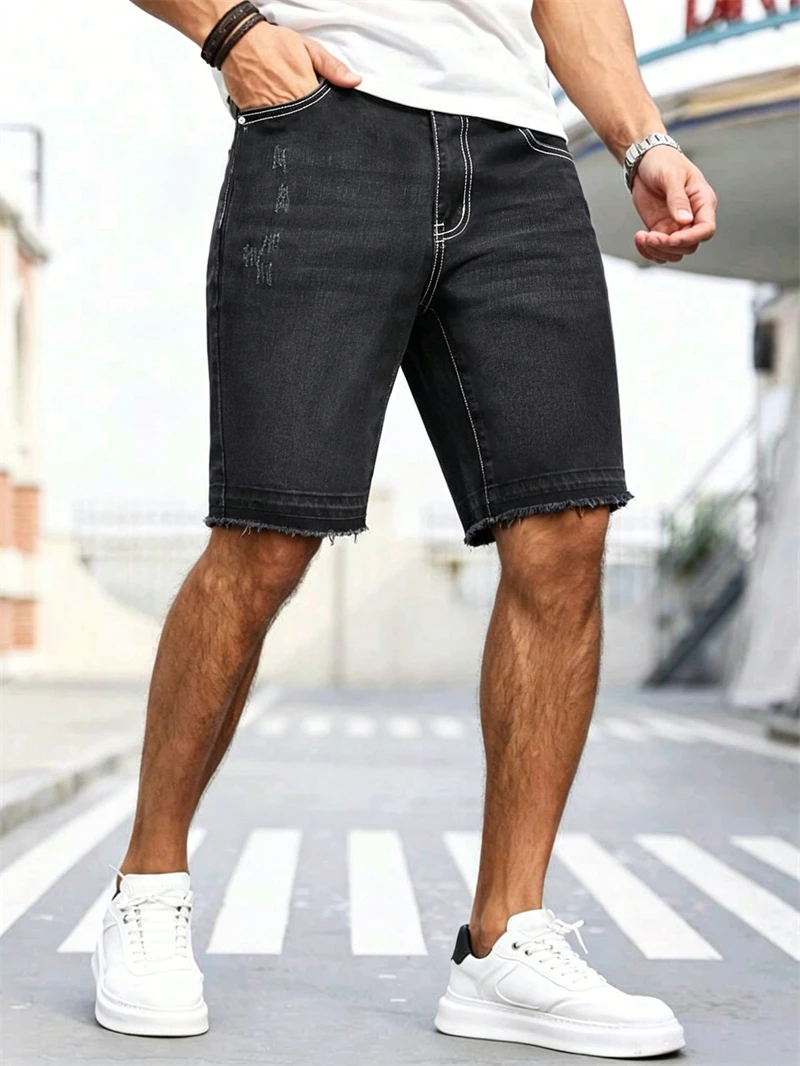 Bermuda Jeans Masculina Preta Estilo Streetwear com Stretch, Nova Moda Coreana Casual Hip Hop na Altura do Joelho para o Verão