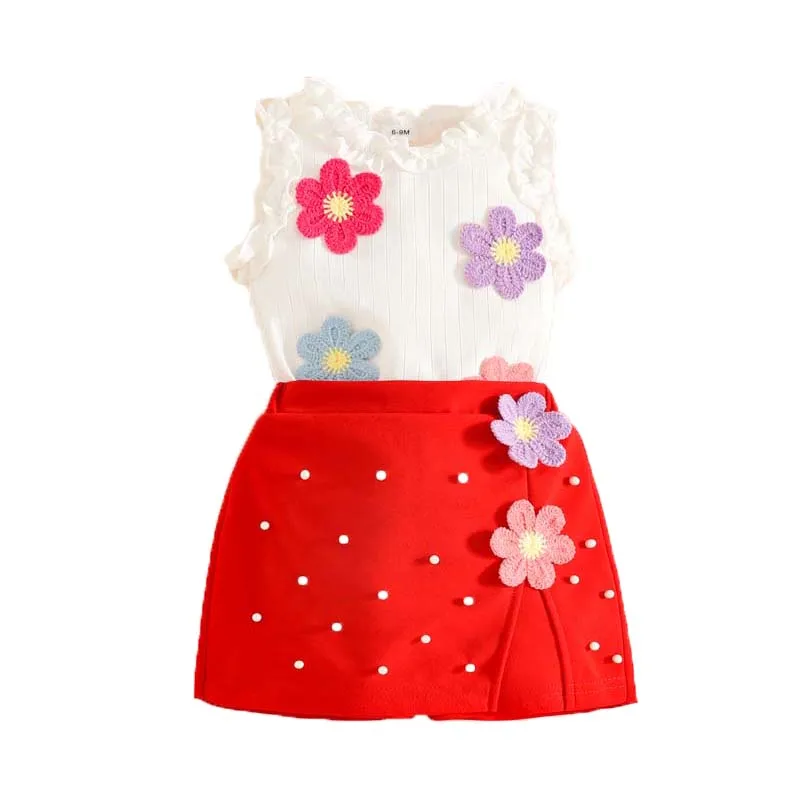 

Baby Set Baby Girl Clothing Summer Fashion 2-Piece Set Applique Sleeveless Vest Top and Beaded Skirt-Pants Toddler Outfits 1-3Y