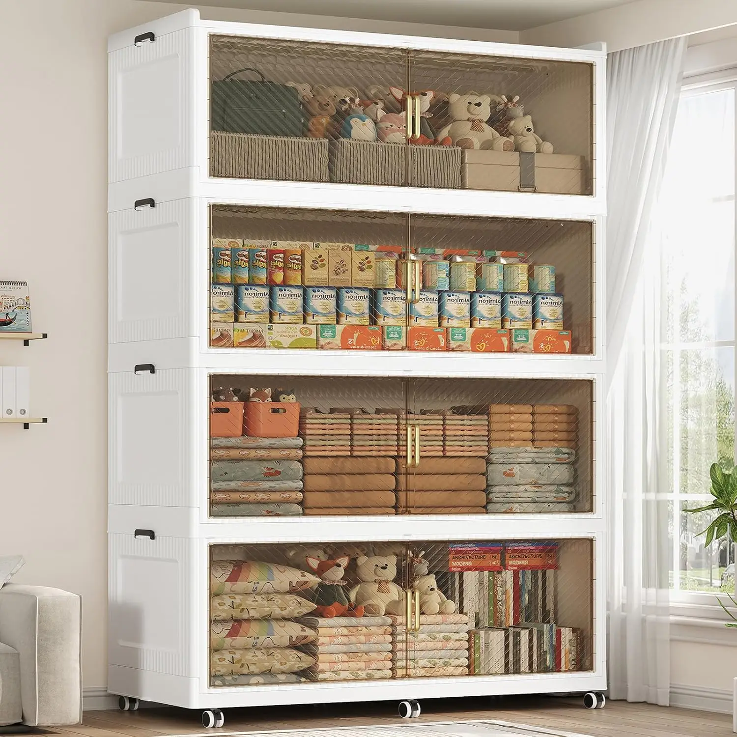 

320GAL Extra Large Storage Bins with Lid, 1280QT Collapsible Organizer with Wheels, Stackable Closet Cabinet with Doors, Folding