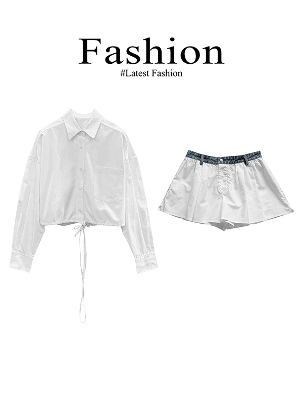 

2025 Spring Commute Style White Collar Shirt And Short Pants Set Elegant Personality Short Pants Set for plus Size Women