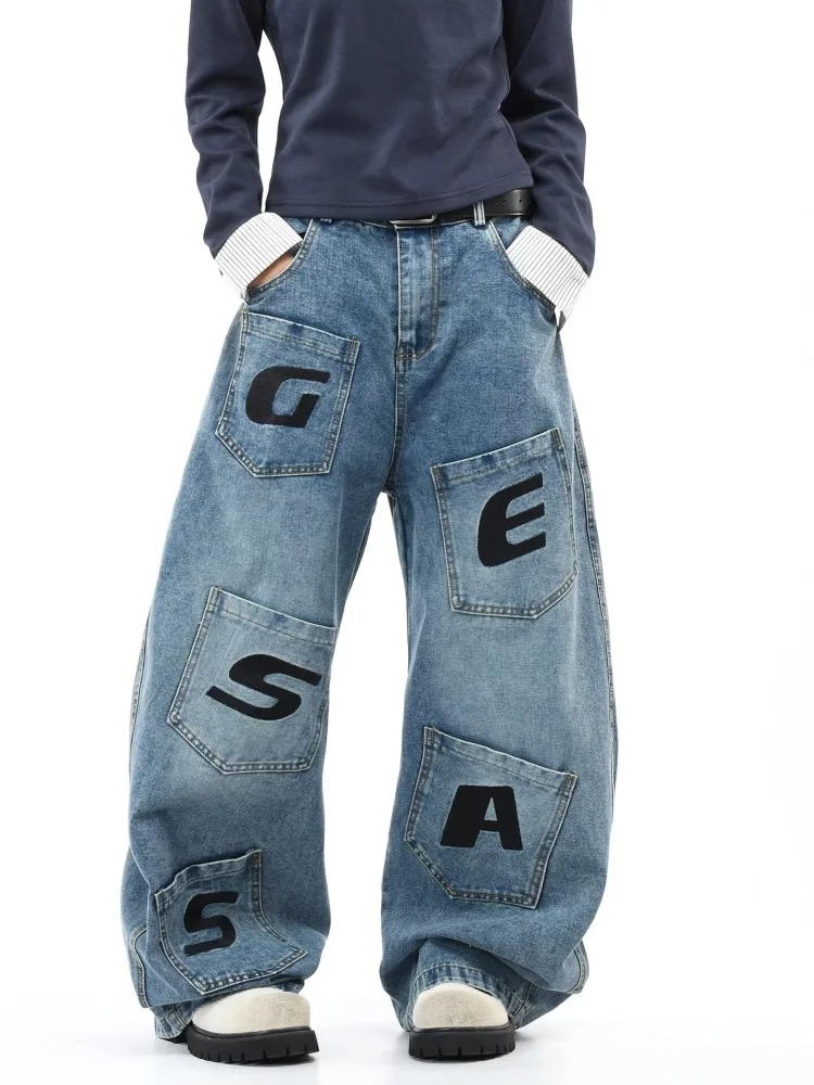 

2025 Ropa Y2K Fashion Lettter Embroidery Washed Blue Baggy Jeans Pants For Men Clothing Straight Multi Pockets Denim Trousers